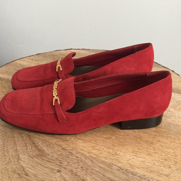 Jasmin Flex Red Suede Gold Hardware Penny Loafer Size 8M - Picture 1 of 9